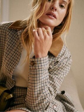 SEZANE Checked Blazer with Corduroy Collar in Tan and Cream